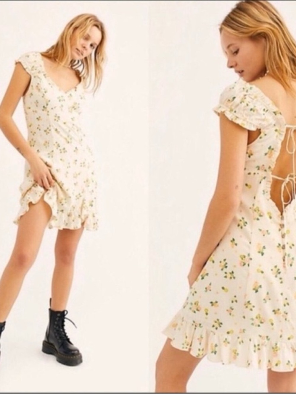 Free People Like A Lady Lemon Grapefruit Linen Blend Open Back Mini Dress XS